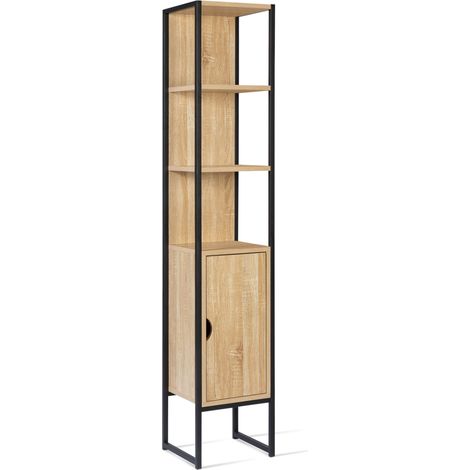 Idmarket – Colonne salle de bain 1 porte – Design industriel bois et métal noir – Compact 30x30x170 cm – 3 étagères ouvertes – Rangement optimisé
