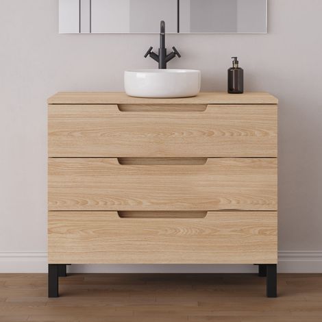 Meuble de salle de bain 90cm avec plateau et vasque à poser ronde - sans miroir - 3 tiroirs - roble era (chêne clair) - RIZA (1/5)