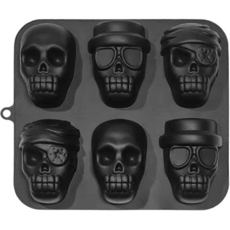 Silikon-Kuchenform in Totenkopfform, Neuheit 2024, 6 Mulden, Piratenmotiv, schwarz (1/5)