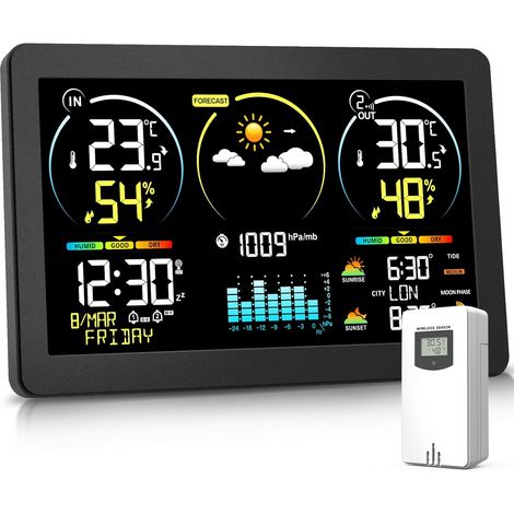 Station Météo avec Capteur Extérieur, Thermomètre Numérique Sans Fil à Affichage Couleur, Contrôle de la Température et de l'humidité, Prévisions Météo avec Rétroéclairage Réglable (1/5)