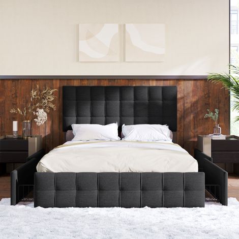 CHICFURN Letto matrimoniale 140x200 cm in lino nero con 4 cassetti e contenitore (1/5)