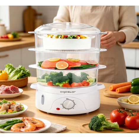 Cuiseur vapeur électrique Aigostar 800W, 9L grande capacité, 3 étages en plastique transparent, minuteur intégré, cuisson multifonction saine, ustensile pratique et compact pour cuisine domestique (1/3)
