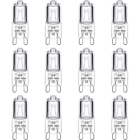 12er-Pack G9-Halogenlampen, 40 W, 230 V, dimmbar, 0–100 %, 480 lm, warmweiß (2700 K), G9-Sockel, flimmerfrei, für Backöfen, Kronleuchter, Gartenleuchten und Schrankbeleuchtung (1/4)