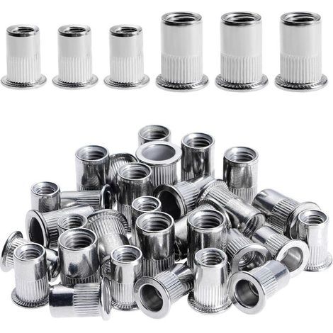 100 Pièces Rivet Ecrou M6 M8, Écrous à Rivets en Acier Inox, Tête Plate Ecrou Insert Assortiment Kit pour Bois Meubles, Ecrou M6 Ecrou M8, Chaque Taille 50 Pièces (1/5)