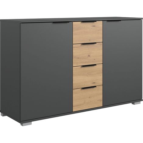 Commode/meuble de rangement coloris graphite/imitation chêne artisan - Longueur 130 x Hauteur 90 x Profondeur 41 cm -PEGANE- (1/4)