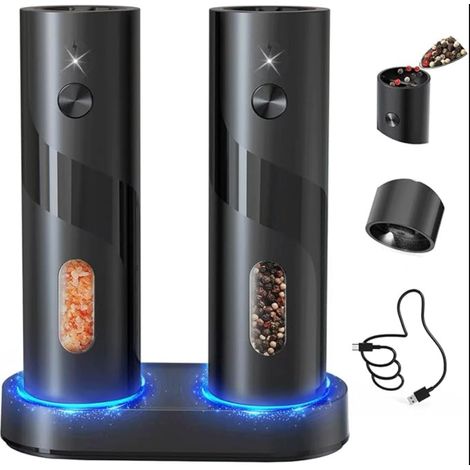 Moulins à Sel et Poivre Électriques Rechargeables avec Socle de Recharge, Grossièreté Réglable, Capacité de 110ml et Lumière LED Blanche, Noir (1/5)