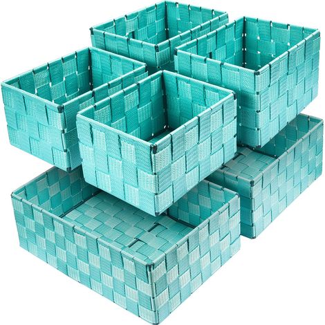 Panier Rangement 34,4cm, Lot de 6 Paniers et Boîtes de Rangement, Panier de Rangement pour Rangement Organisateur de Salle de Bains/Chambre/Cuisine/Étagères/Cosmétiques/Papier Toilette (Turquoise) (1/5)