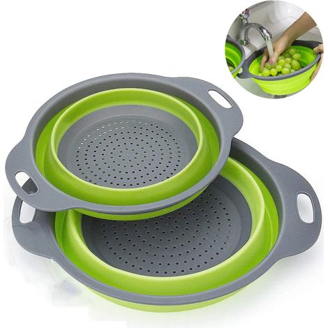 Colador de silicona plegable, colador portátil para alimentos, frutas y verduras, 2 coladores de silicona, colador de cocina plegable que ahorra espacio.