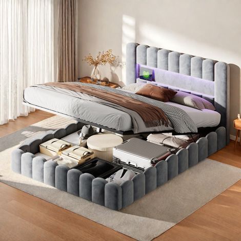 Cama tapizada 180x200 cm, Colchón encastrado, Cama de matrimonio con respaldo suave, cenefa tapizada, Cabecero con LED y puerto USB, Gris Terciopelo (1/5)