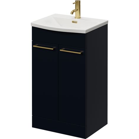 Napoli 390 Deep Blue 500mm 2 Door Vanity Unit with Arc Basin - 500mm - Brushed Brass 160mm Handle