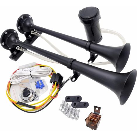 Klaxon de voiture Trompette d'air Corne marine Corne électrique Car Horn Zinc Chrome noir Trompette de camion Haut parleur double tube avec compresseur pour camion bateau etc (1/5)