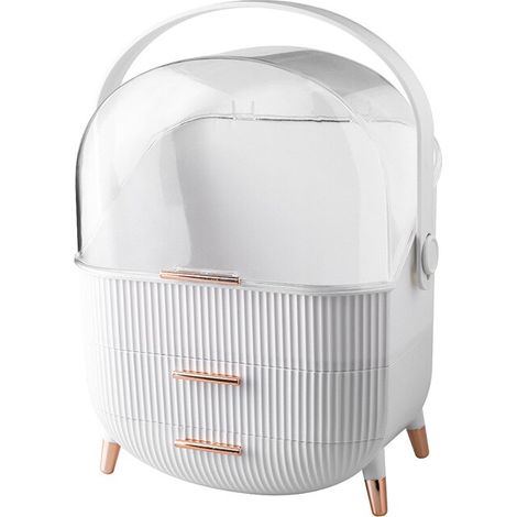 Boîte de rangement cosmétique universelle, protection solaire, couvercle anti-poussière transparent, grande capacité, avec tiroir, avec poignée, matériau plastique/acrylique, blanc (1/5)
