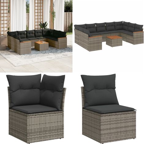 Salon de jardin avec coussins 10 pcs gris résine tressée - Ensemble Salon De Jardin - Mobilier De Jardin - Canapé Extérieur - Set De Salon - Chaise Longue - Home & Living