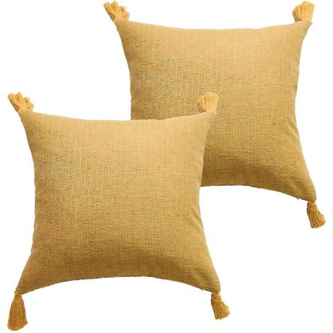 Set mit 2 Sofakissenbezügen aus Baumwolle und Hanf mit Quasten, ungefüllt – gelb