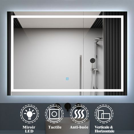 Miroir salle de bain led anti-buée, avec éclairage LED 100 x 70cm réversible  IP44 commande par effleurement