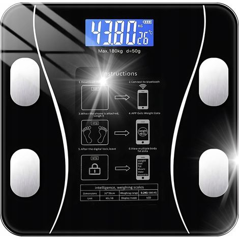 Bilancia analitica da bagno ultra sottile e precisa, portata massima 180 kg, 25 funzioni in 1, compatibile con Android e iOS. (1/5)