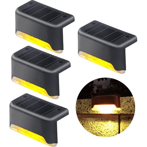 Lot de 4 lampes solaires LED blanc chaud étanches pour terrasse, escaliers extérieurs, marches et clôtures.