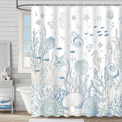 Rideau de douche à motif marin 1 pièce, 183 x 183 cm, motif coquillages/corail, avec 12 crochets Convient pour la salle de bain (1/5)
