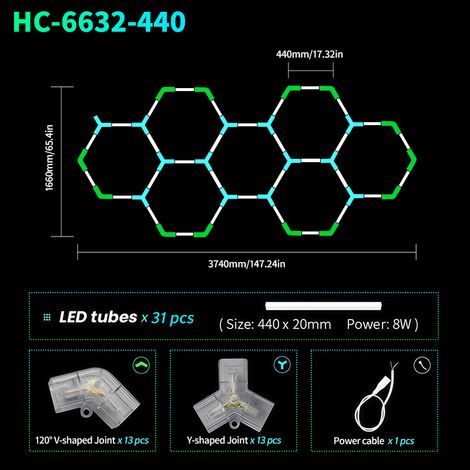 Modulares LED Hexagon-Garagenlicht 374 x 166 cm, Helle Werkstattbeleuchtung für Autoaufbereitung und Waschhalle
