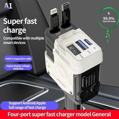 Le chargeur de voiture prend en charge la charge ultra rapide de 120 W et la charge flash avec un câble rétractable (4 en 1).