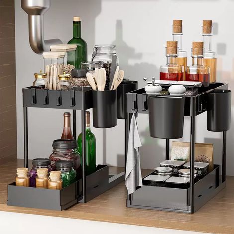 Organisateur Sous Évier Coulissant Rangement Cuisine 2 Niveaux avec Tiroir Télescopique, Étagère Robuste pour Salle de Bain, Cuisine et Placard, Noir (SCSN-2pcs) (1/4)