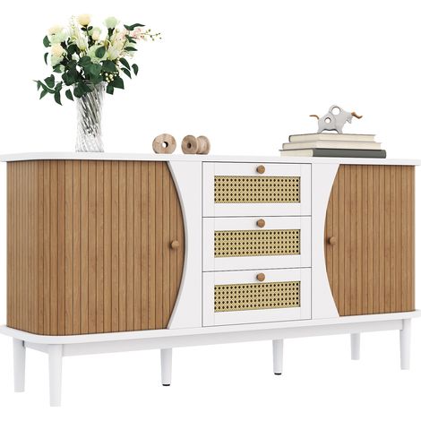 Buffet, en rotin, avec portes, avec étagères, pour maison et usage quotidien, étagères réglables, dessus courbé-Go, format pratique