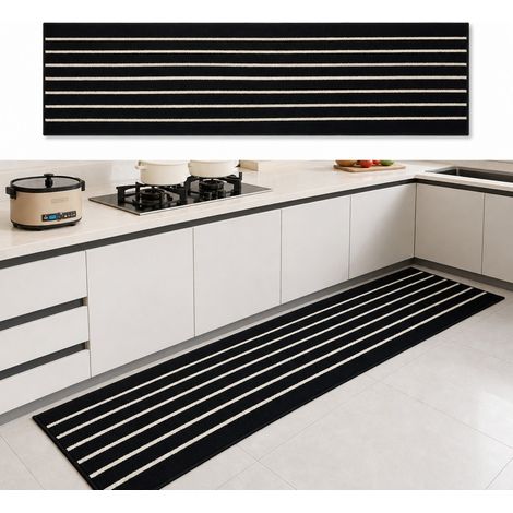 Tapis de cuisine long rayé noir en polypropylène, anti-dérapant, 50 x 180 cm (1/5)