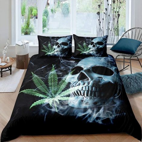 Bettwäsche-Set Totenkopf Cannabis 3D-Druck 135x200cm Microfaser Grün