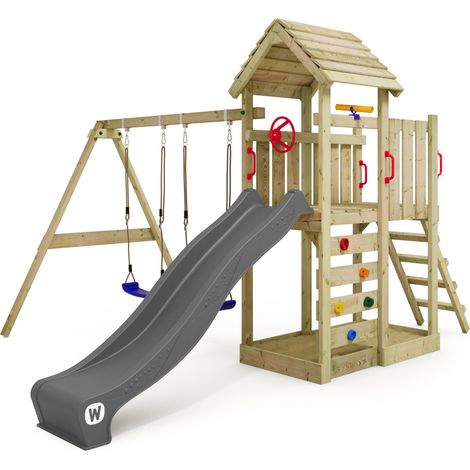 Aire de jeu en bois Wickey MultiFlyer avec toit et balançoire – Bois massif traité – Toboggan 220 cm avec raccord d’eau – 10 ans de garantie