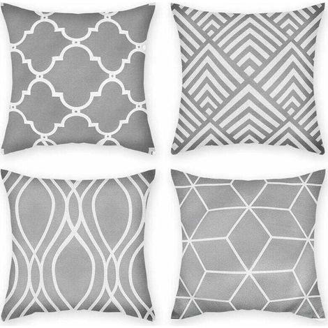 Lot De 4 Housses De Coussin Gris Meubles D'extérieur Décoratifs Lin Carré Impression Simple Face Taie D'oreiller Pour Bureau À Domicile Canapé Canapé Voiture Jardin 45 X 45 Cm-Crezuo
