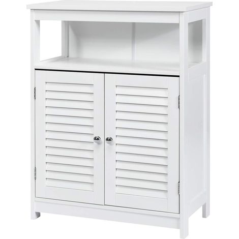 COSTWAY Armario del Baño con Doble Puerta de Persiana y Repisa Regulable Armario de Madera(Blanco) (1/5)