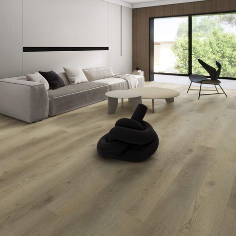 Revêtement de sol en vinyle clipsable SPC Rivon lame large aspect chêne structuré taupe mat avec sous-couche acoustique intégrée Pack de 8 lames (2,225 m²) (1/5)