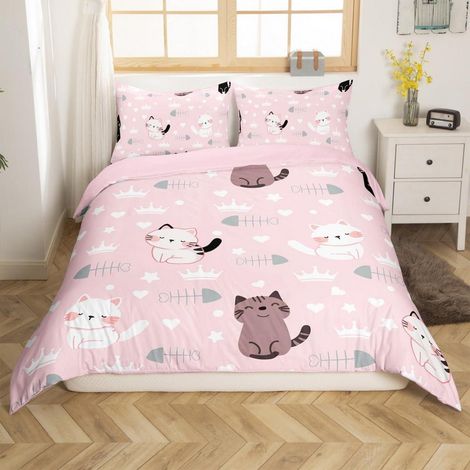 Bettwäsche-Set 135x200cm mit Katzenmotiv, Mikrofaser, Rosa