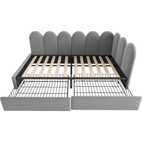 Lit rembourré simple avec tiroirs, lit de rangement en velours, lit de jour, canapé-lit 90x200 cm avec sommier à lattes, lit pour jeunes et adultes, lit d’enfant, gris (sans matelas) (1/5)