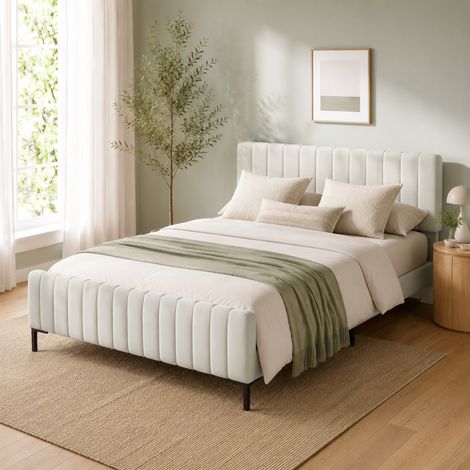 Cama tapizada 160x200 cm en gris-beige con cabecero regulable y somier de láminas (1/5)