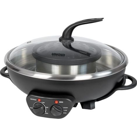 Unold 48745 Asia Casseruola per fonduta 2 in 1 in acciaio inox 2.5 l con piastra grill 22 cm e 4 cestini colore Nero