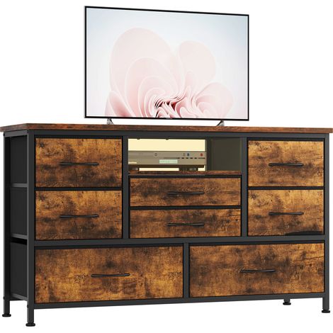 Commode à 8 Tiroirs Avec Lumière LED, Commode Chambre Adulte - Meuble de Rangement Chambre,Commode Tiroir en Tissu avec Cadre en Acier Solide, Idéal Commode Rangement pour La Chambre et Le Salon, Brun (1/5)