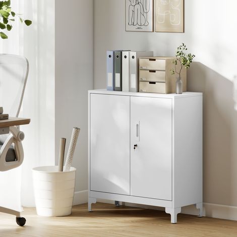 Armoire de bureau en métal, portes verrouillables, commode de bureau, design à 2 niveaux, blanc (1/5)