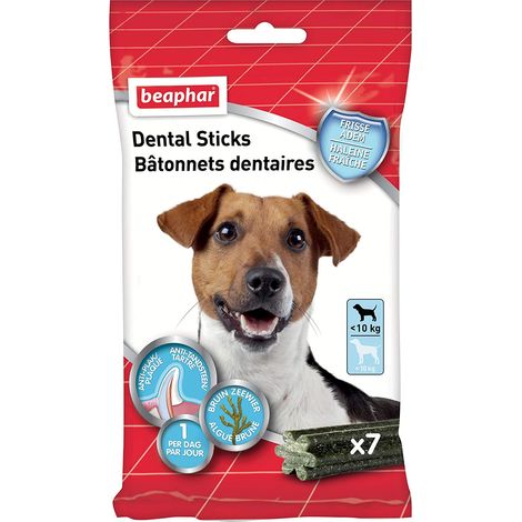 Bâtonnets dentaires pour chien Désignation : Bâtonnets dentaires pour petit chien (moins de 10kg) Conditionnement : 7 bâtonnets Beaphar 14273 (1/2)