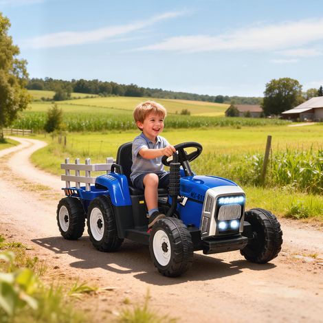 Voiture électrique pour enfants avec remorque. télécommande. phares. vitesse de 3 à 6 km/h. pour les enfants de 3 à 6 ans. bleue