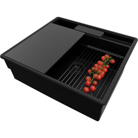 PRIMAGRAN Evier Cuisine en Granit 58x53cm,Lavabo 1 bac + Kit de Vidage + Accessoires, Évier à Encastrer au meuble 60cm - New York, Tout Noir (1/5)
