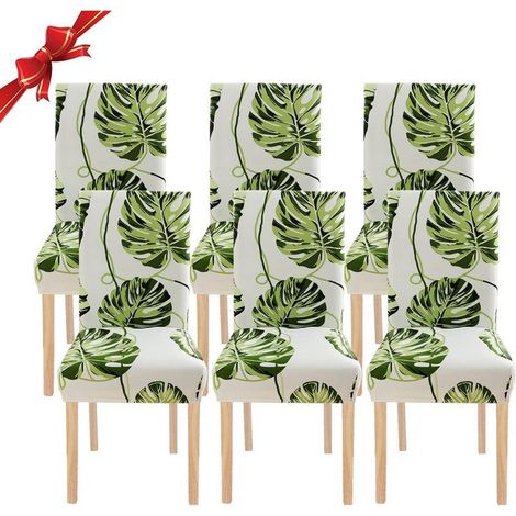 6 Pièces Housse de Chaise Extensible(Feuilles vertes), Universelle Lavables,Couverture de Chaise Facile à Nettoyer pour Décor Salle à Manger Hôtel Restaurant (1/5)