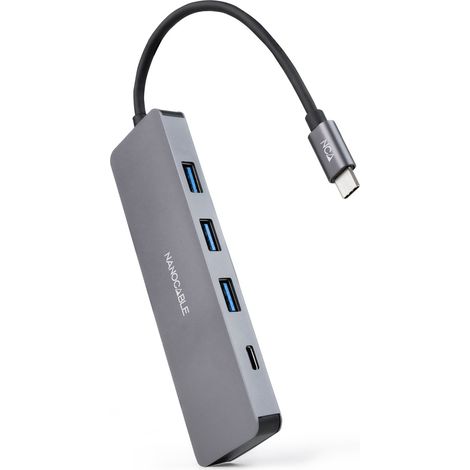 Nanocable Hub USB-C a 3xUSB3.0/H + 1xUSB-C/H Alluminio 10 cm, Grigio (1/4)