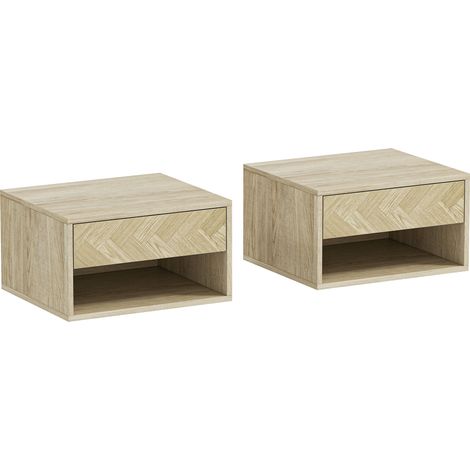 Set di 2 Comodini Sospesi Moderni 37x32x21 cm con Cassetto e Vano Aperto in Melamina Legno Naturale (1/5)