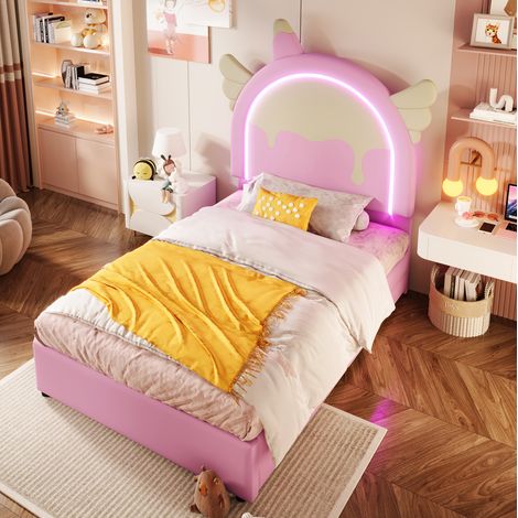 Polsterbett 90/200 cm rosa aus PU und MDF mit Leuchtleiste und 2 Schubladen (1/5)
