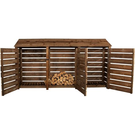 Slatted wooden log store with door W-335cm, H-180cm, D-88cm - brown finish