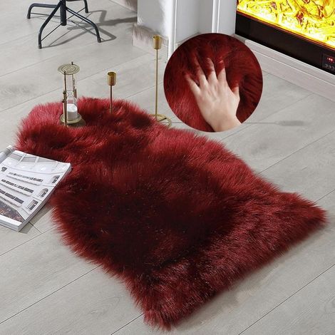 Tapis en fausse fourrure linmopm, aspect mouton, duveteux et moelleux, rouge, 60 x 90 cm, petit tapis pour chambre, chevet, sol, salon, coussin moelleux haute densité, housse de canapé. (1/5)