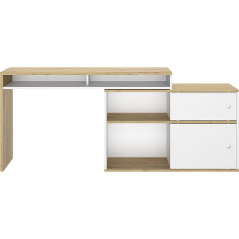 Calicosy – Bureau droit modulable effet bois chêne/blanc – 2 portes coulissantes – Dimensions L. 57 x P. 130 cm – Design bi-ton moderne (1/8)