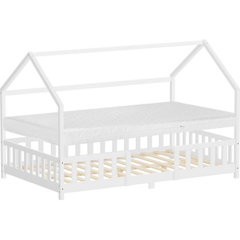 ML-Design Cama Infantil 120x200cm Blanco, con Colchón, Protección Anticaída, Techo y Somier, Listones de Madera de Maciza de Pino Lecho Doble Montessori Forma de Casa Mobiliario Juvenil, para Niños