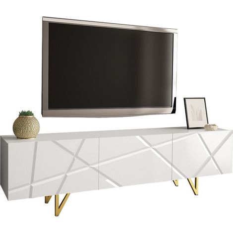 Mirjan24 – Meuble TV sans portes ni tiroirs 180x52x37cm – Finition blanche brillante – Stratifié – Pieds métal 16cm – Compatible robots aspirateurs (1/5)